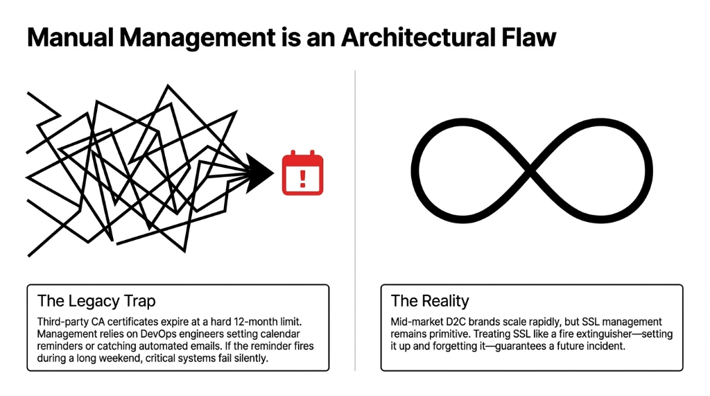 Manual Management is an Architectural Flaw - The Legacy Trap showing third-party CA certificates expire at a hard 12-month limit with management relying on DevOps engineers setting calendar reminders versus The Reality where mid-market D2C brands scale rapidly but SSL management remains primitive and treating SSL like a fire extinguisher guarantees a future incident