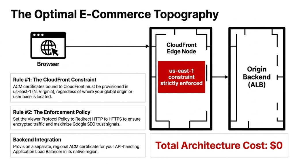 The Optimal E-Commerce Topography showing browser connecting to CloudFront Edge Node with us-east-1 constraint strictly enforced then to Origin Backend ALB - Rule 1 The CloudFront Constraint requiring ACM certificates in us-east-1 N Virginia regardless of global origin, Rule 2 The Enforcement Policy setting Viewer Protocol to Redirect HTTP to HTTPS for encrypted traffic and Google SEO trust signals, Backend Integration provisioning a separate regional ACM certificate for API-handling ALB - Total Architecture Cost $0