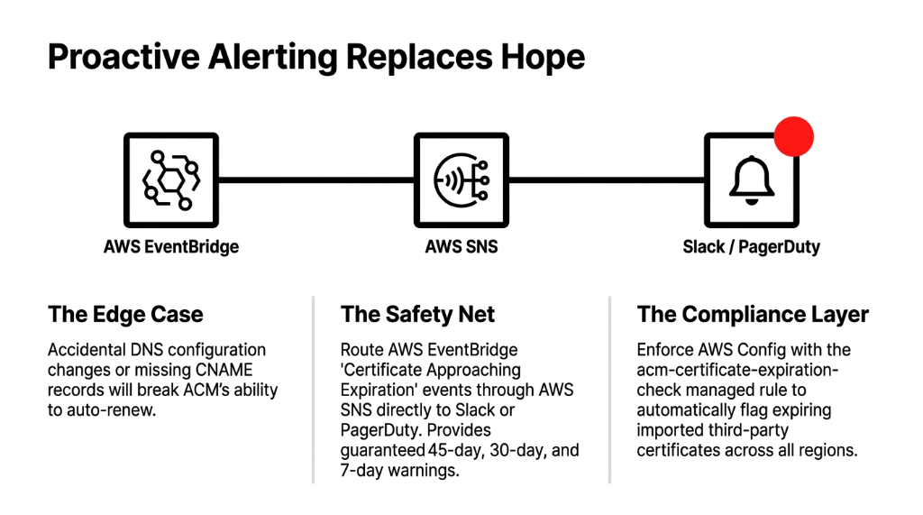 Proactive Alerting Replaces Hope showing AWS EventBridge to AWS SNS to Slack or PagerDuty pipeline - The Edge Case where accidental DNS configuration changes or missing CNAME records break ACM auto-renewal, The Safety Net routing Certificate Approaching Expiration events through SNS for guaranteed 45-day 30-day and 7-day warnings, The Compliance Layer enforcing AWS Config with acm-certificate-expiration-check managed rule to flag expiring imported certificates across all regions