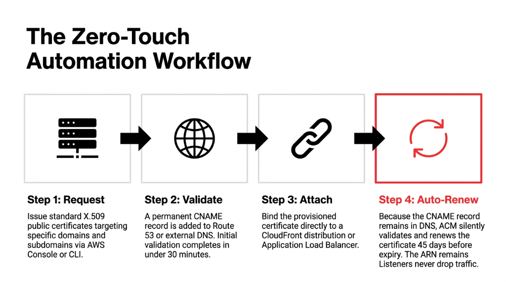 The Zero-Touch Automation Workflow showing four steps - Step 1 Request issuing standard X.509 public certificates via AWS Console or CLI, Step 2 Validate adding a permanent CNAME record to Route 53 completing in under 30 minutes, Step 3 Attach binding the certificate to CloudFront or Application Load Balancer, Step 4 Auto-Renew where ACM silently validates and renews 45 days before expiry with the ARN remaining unchanged and listeners never dropping traffic