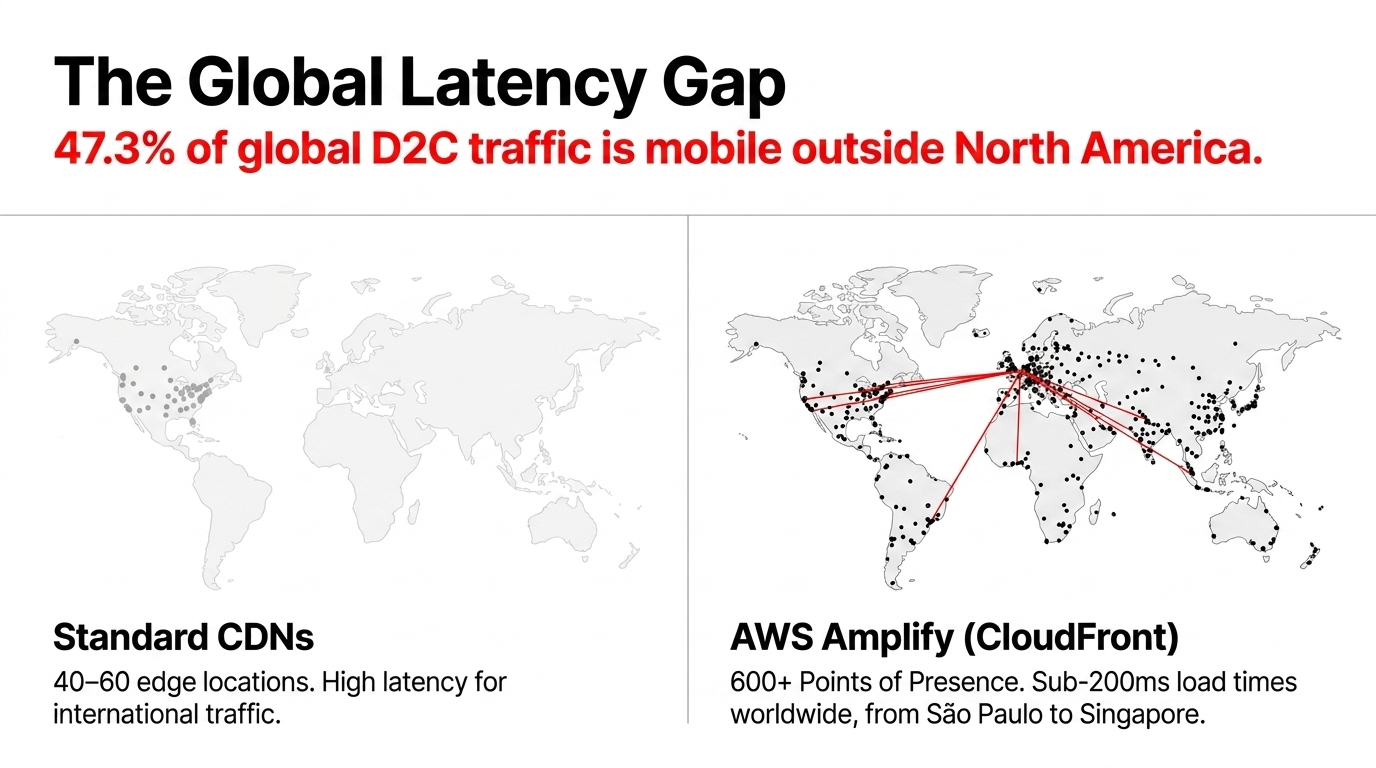 Global Latency Gap comparison showing Standard CDNs with 40-60 edge locations versus AWS Amplify CloudFront with 600+ Points of Presence for sub-200ms load times worldwide
