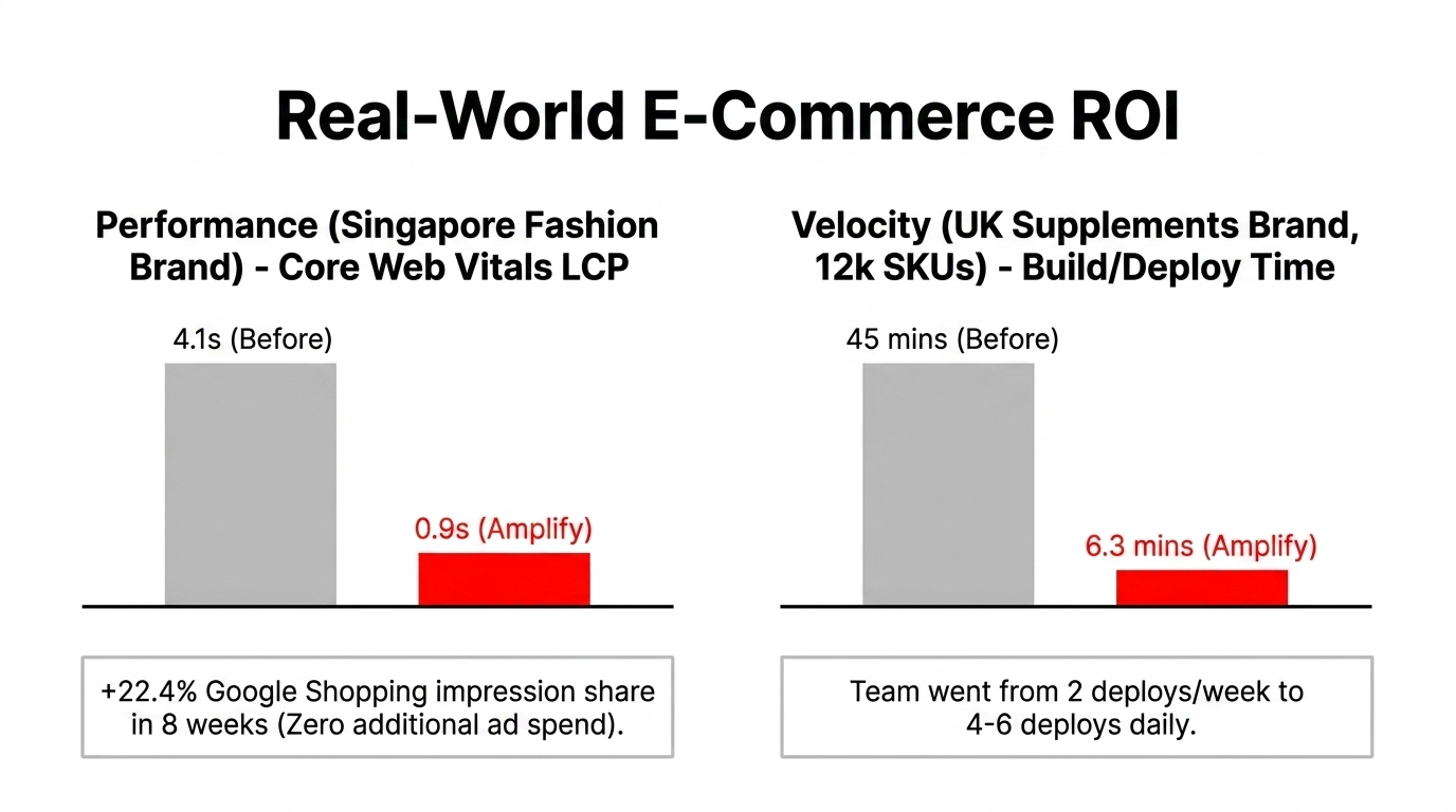Real-World E-Commerce ROI showing Singapore Fashion Brand LCP improvement from 4.1s to 0.9s with 22.4% Google Shopping impression share increase, and UK Supplements Brand build time reduction from 45 mins to 6.3 mins enabling 4-6 daily deploys
