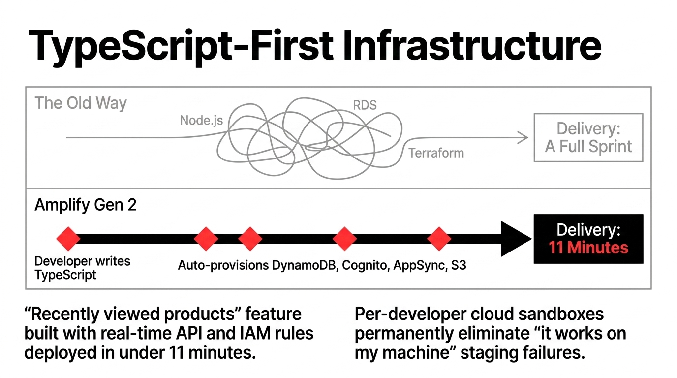 TypeScript-First Infrastructure comparison showing The Old Way with tangled Node.js, RDS, and Terraform taking a full sprint versus Amplify Gen 2 auto-provisioning DynamoDB, Cognito, AppSync, S3 in 11 minutes