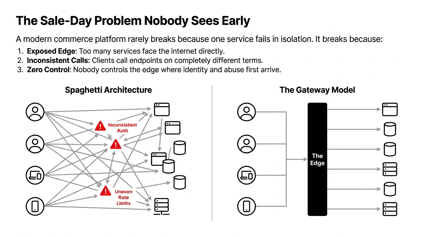 AWS API Gateway as the single control plane for e-commerce microservices showing traffic flow from multiple clients through API Gateway to catalog, cart, order, and payment services
