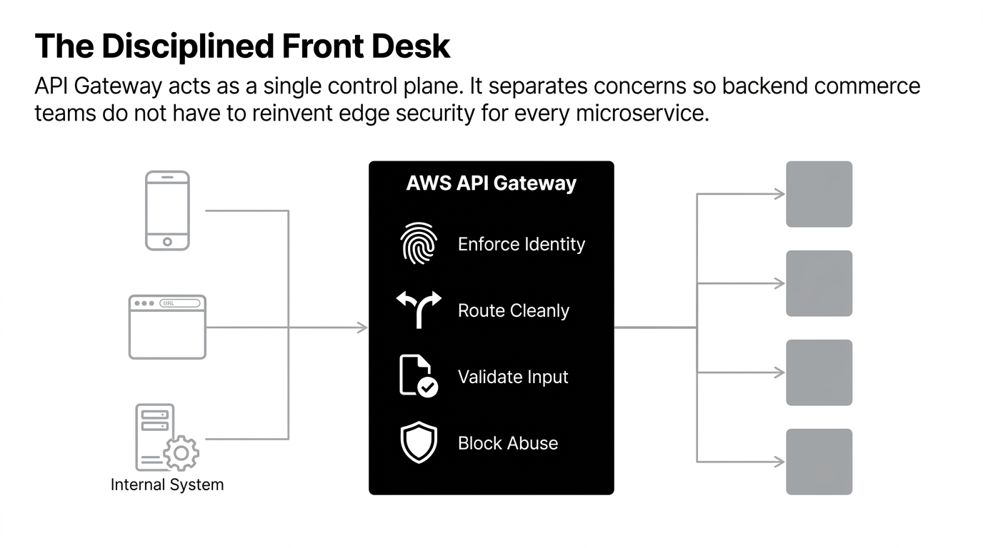 API Gateway request validation and throttling configuration showing JSON schema validation, token bucket algorithm, and route-level throttling for e-commerce endpoints