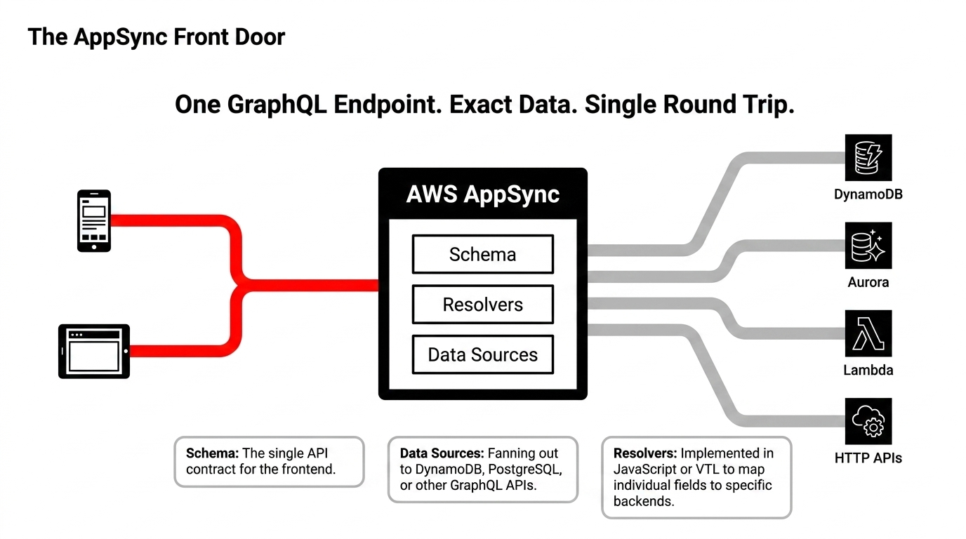 AWS AppSync front door architecture showing one GraphQL endpoint with schema, resolvers, and data sources connecting to DynamoDB, Aurora, Lambda, and HTTP APIs
