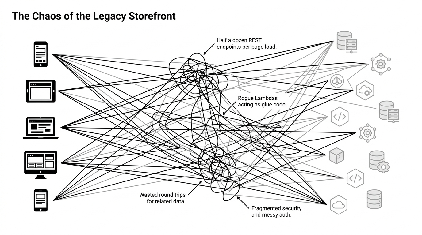 The chaos of legacy storefront architecture showing tangled connections between mobile and web clients to half a dozen REST endpoints, rogue Lambdas, and fragmented databases