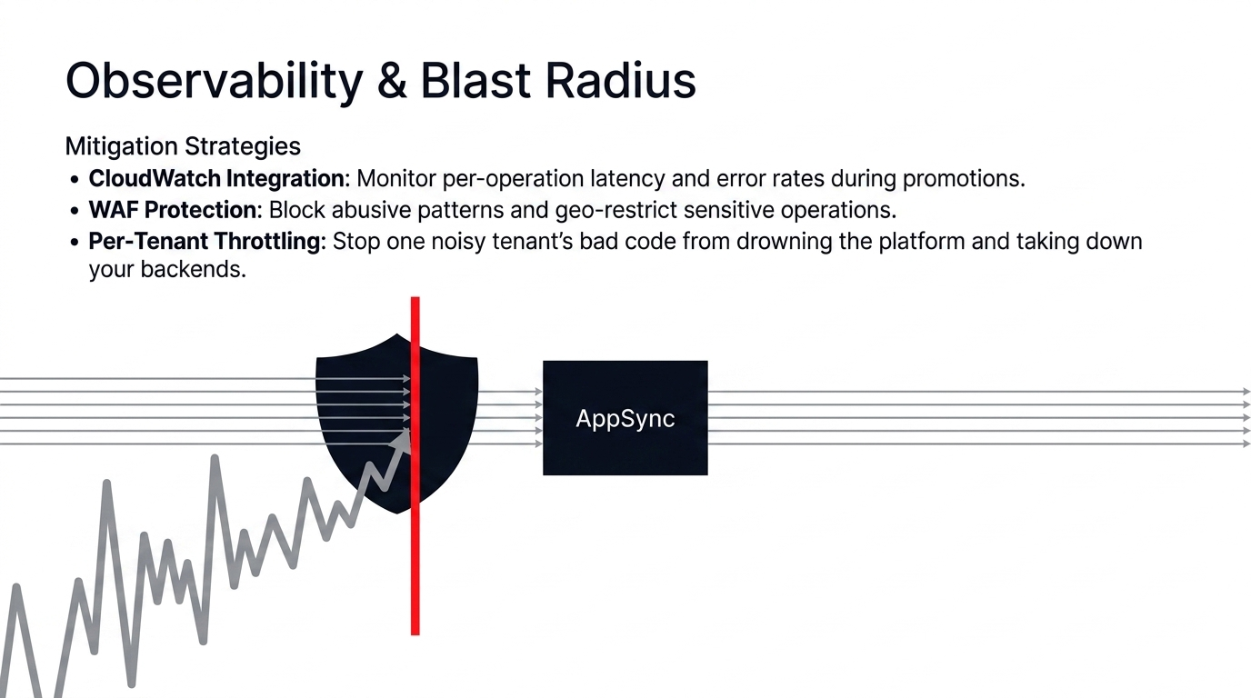 Observability and blast radius mitigation strategies showing CloudWatch integration, WAF protection, and per-tenant throttling for AppSync