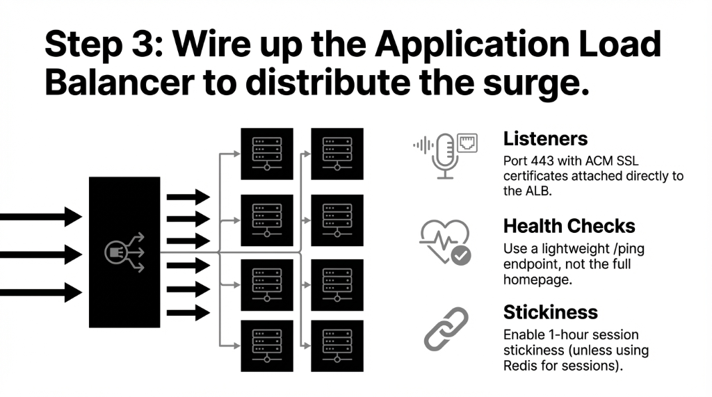 AWS Application Load Balancer architecture distributing incoming traffic surge across multiple EC2 instances with port 443 HTTPS listeners using ACM SSL certificates lightweight health check endpoint and 1-hour session stickiness configuration