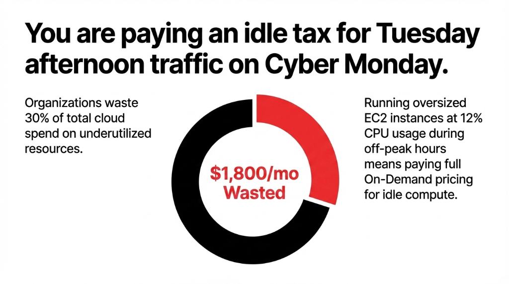 E-commerce cloud spend idle tax showing 1800 dollars per month wasted on underutilized EC2 instances running at 12 percent CPU during off-peak hours with organizations wasting 30 percent of total cloud spend on idle compute resources