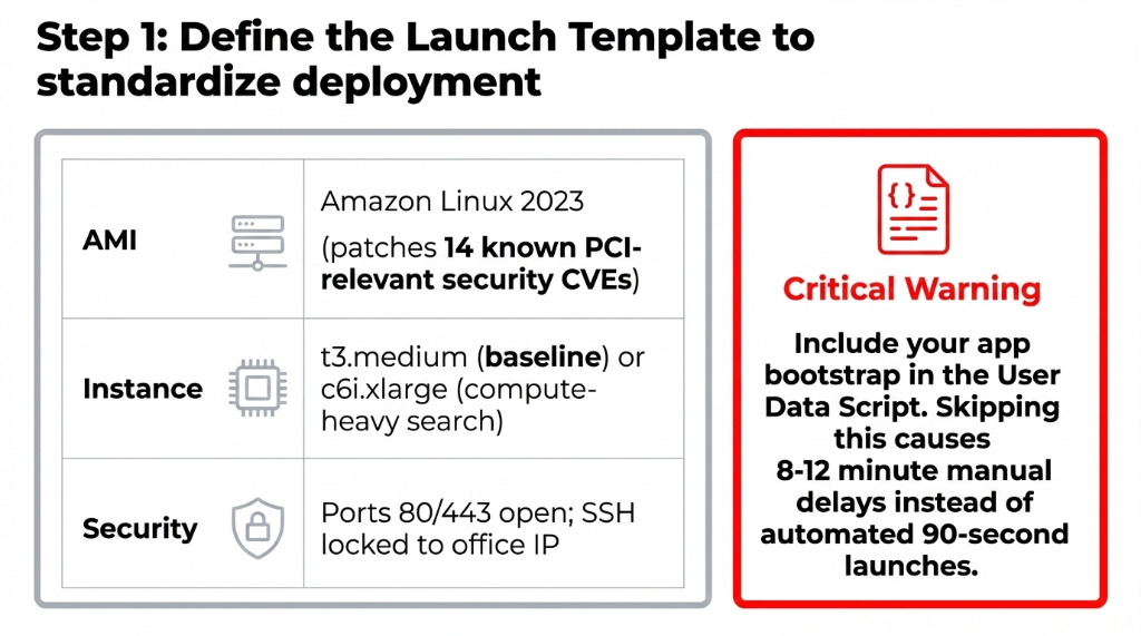 AWS EC2 launch template configuration for e-commerce auto scaling showing Amazon Linux 2023 AMI patching 14 PCI-relevant security CVEs with t3.medium baseline or c6i.xlarge for compute-heavy search and critical warning about including app bootstrap in User Data Script to avoid 8-12 minute manual delays