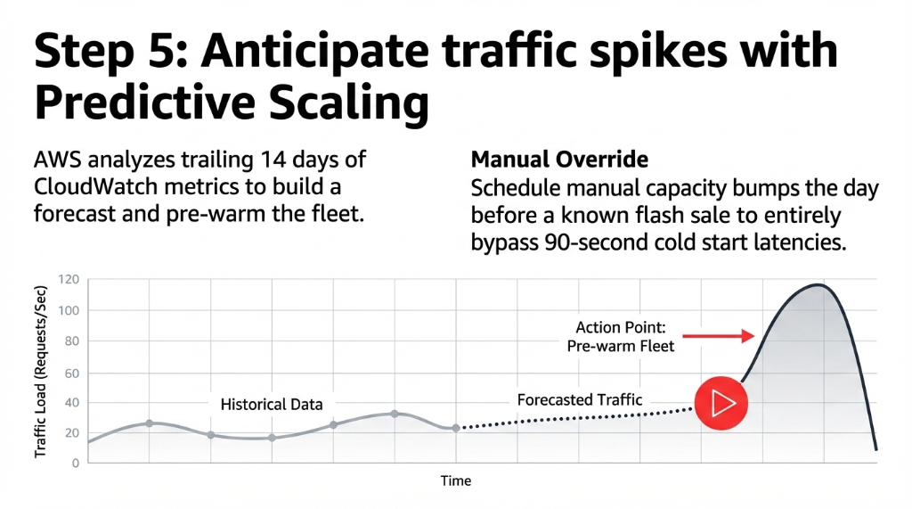 AWS predictive scaling for e-commerce showing historical CloudWatch data from trailing 14 days building traffic forecast with pre-warm fleet action point before major spike and manual override option to schedule capacity bumps before known flash sales bypassing 90-second cold start latencies
