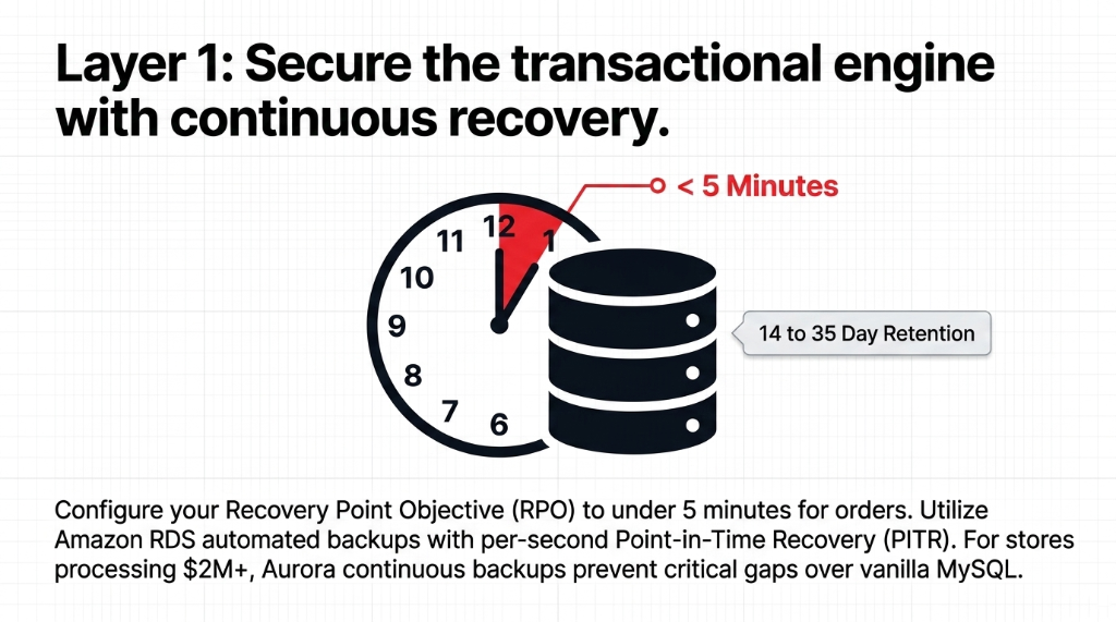AWS RDS continuous point-in-time recovery architecture for e-commerce showing clock with under 5 minute RPO target red highlighted recovery window and database with 14 to 35 day retention period for transactional order data backup using Aurora continuous incremental backups stored automatically to S3
