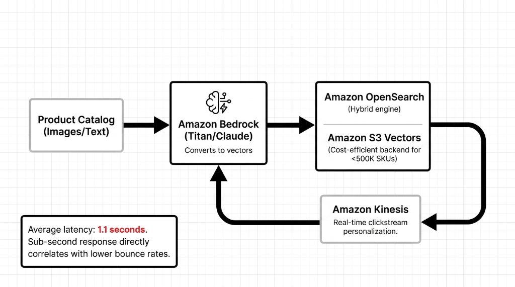 AWS Bedrock e-commerce AI search production architecture showing product catalog images and text flowing into Amazon Bedrock with Titan and Claude models converting to vectors stored in Amazon OpenSearch hybrid engine and Amazon S3 Vectors for catalogs under 500K SKUs with Amazon Kinesis feeding real-time clickstream personalization back into the model at 1.1 second average latency