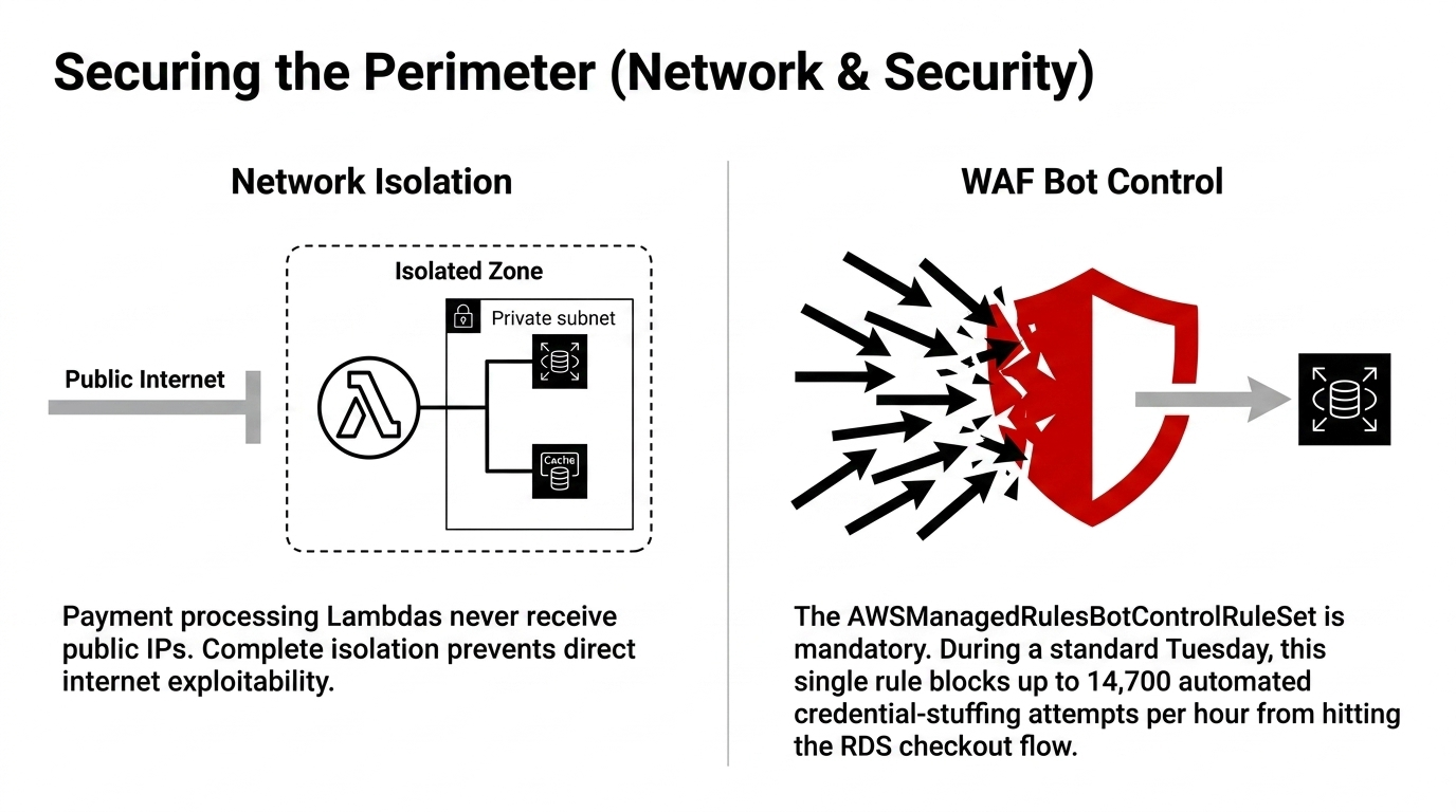 Securing the Perimeter showing Network Isolation and WAF Bot Control