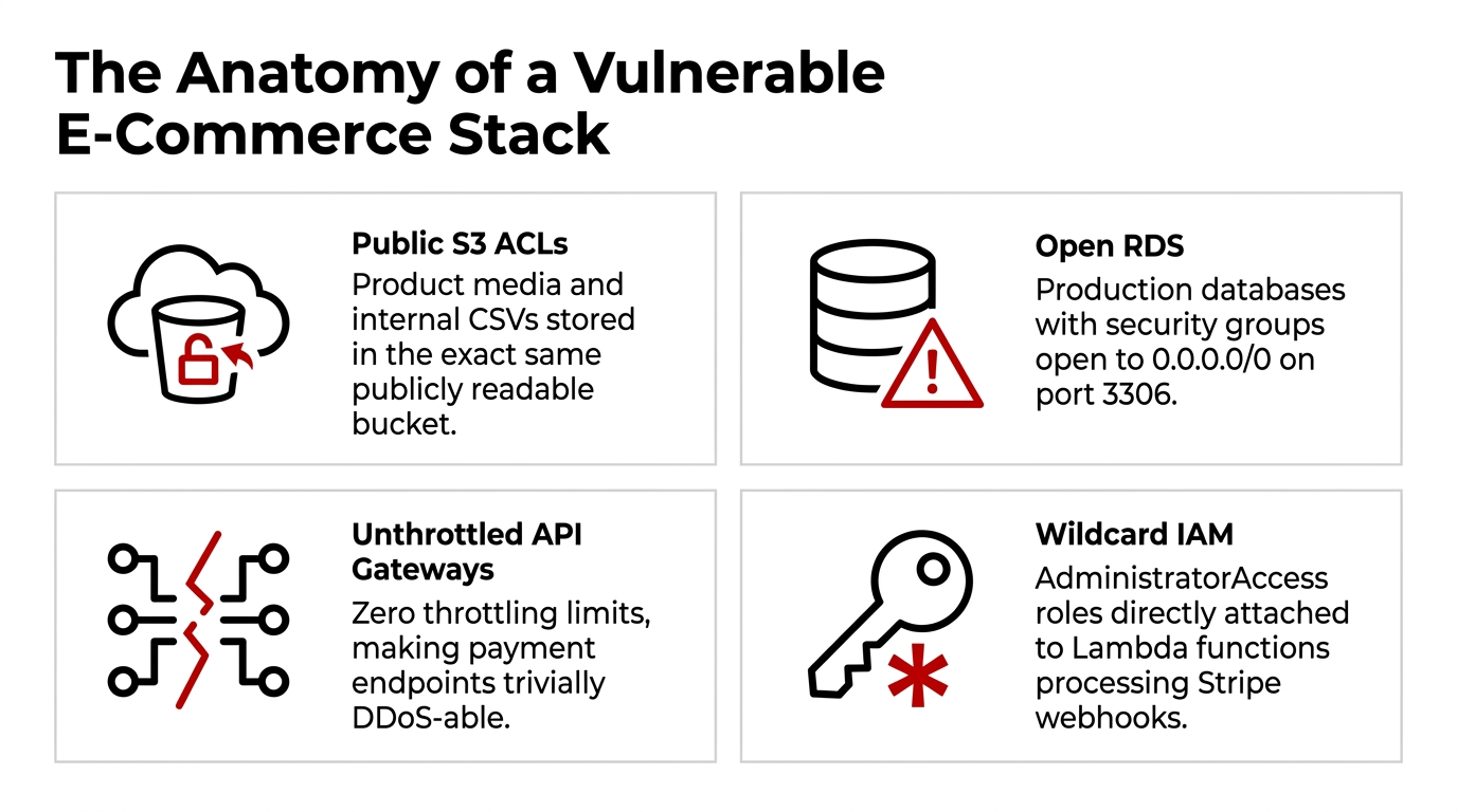 The Anatomy of a Vulnerable E-Commerce Stack showing Public S3 ACLs, Open RDS, Unthrottled API Gateways, and Wildcard IAM