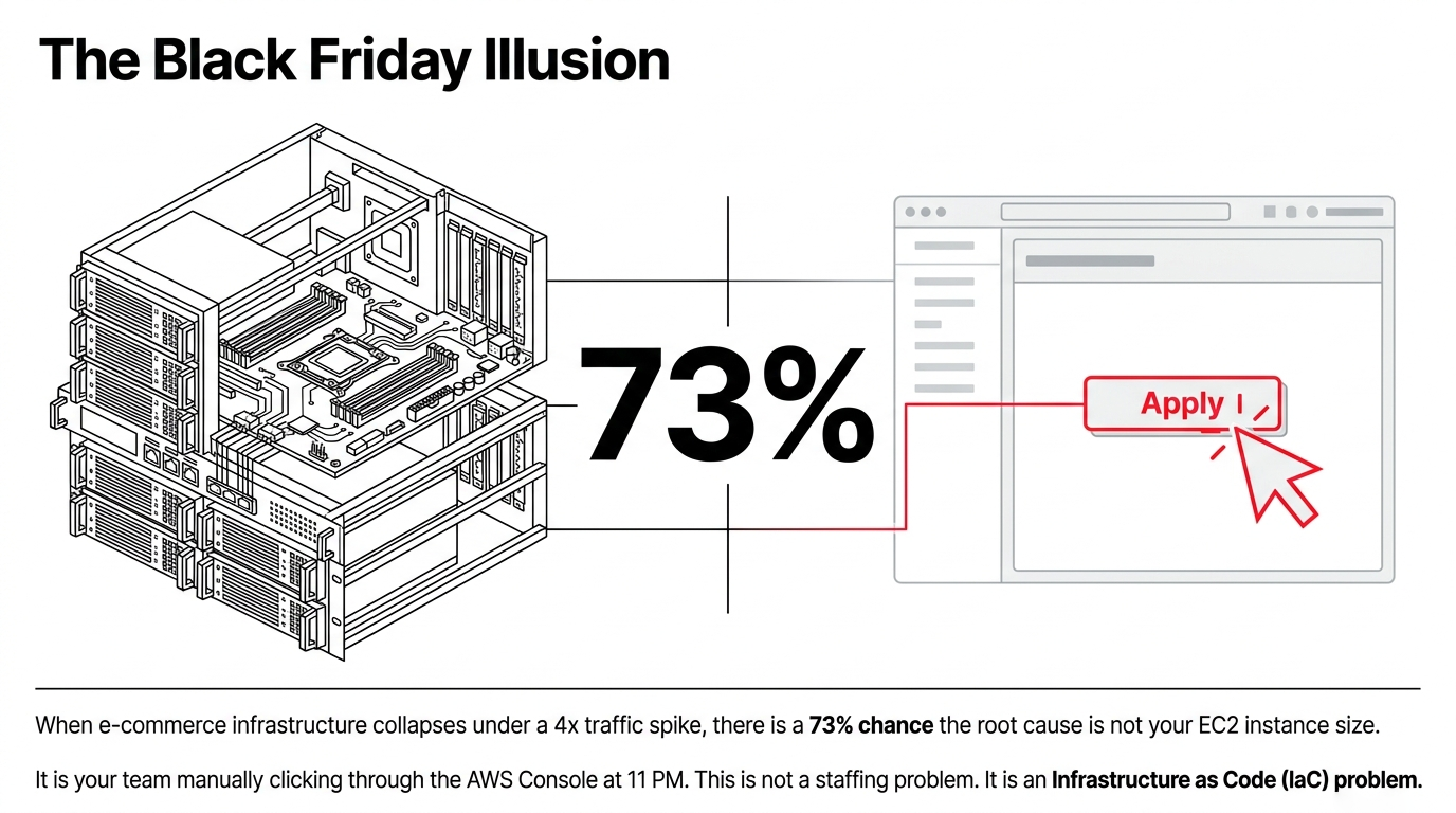 The Black Friday Illusion — 73% of e-commerce infrastructure collapses under a 4x traffic spike trace back to manual AWS Console changes, not EC2 instance size. Infrastructure as Code is the fix.
