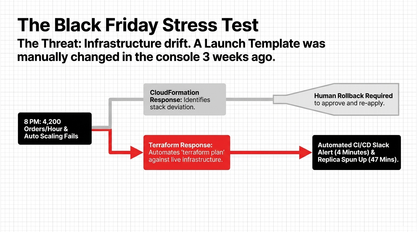The Black Friday Stress Test — Infrastructure drift: a Launch Template was manually changed in the console 3 weeks ago. At 8 PM with 4,200 orders per hour and Auto Scaling failing: CloudFormation identifies stack deviation but requires human rollback approval. Terraform automates terraform plan against live infrastructure and triggers a Slack alert in 4 minutes with a replica environment spun up in 47 minutes.