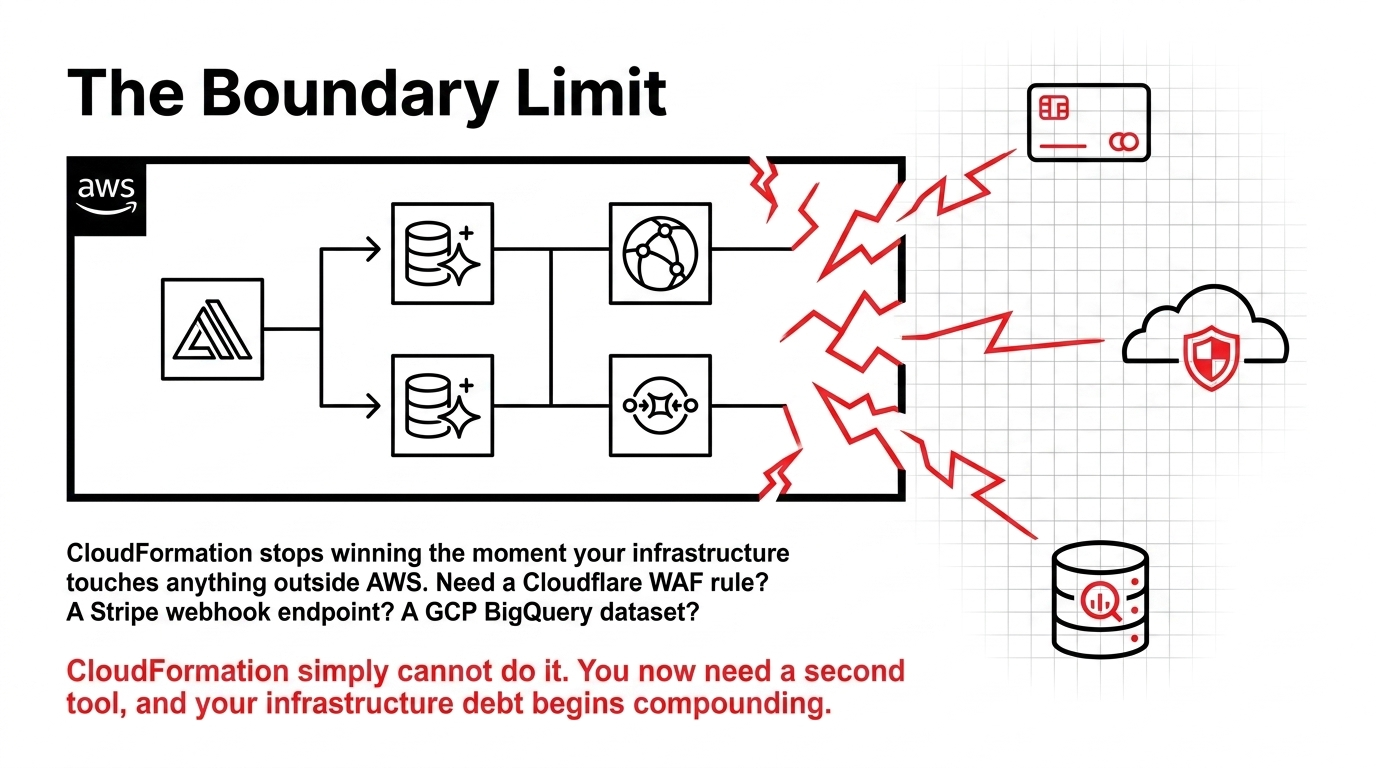 The Boundary Limit — CloudFormation stops winning the moment infrastructure touches anything outside AWS. Need a Cloudflare WAF rule, Stripe webhook endpoint, or GCP BigQuery dataset? CloudFormation cannot do it. You now need a second tool and infrastructure debt begins compounding.