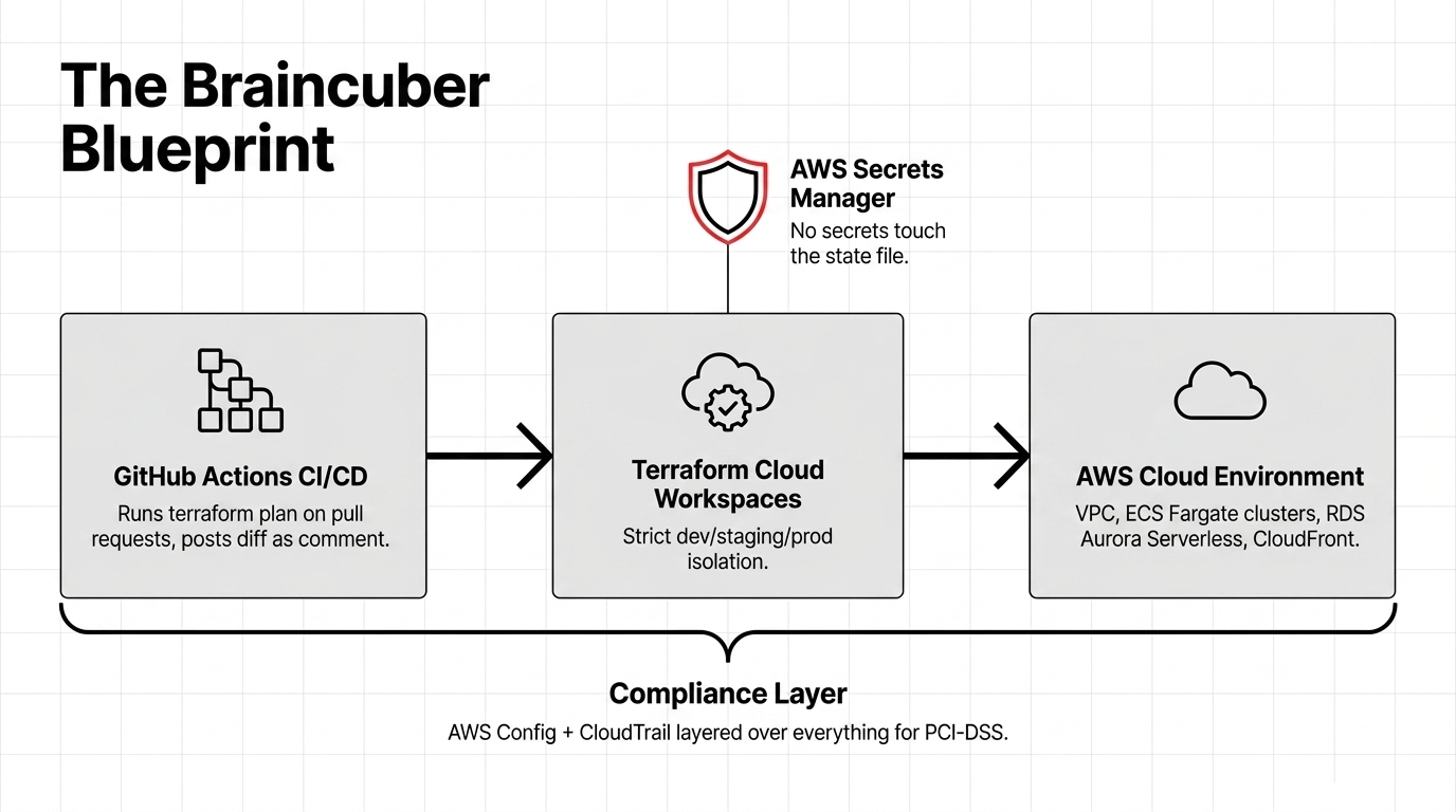 The Braincuber Blueprint — GitHub Actions CI/CD runs terraform plan on pull requests and posts diffs as PR comments. Terraform Cloud Workspaces provide strict dev/staging/prod isolation. AWS Cloud Environment runs VPC, ECS Fargate clusters, RDS Aurora Serverless, and CloudFront. AWS Secrets Manager ensures no secrets touch the state file. AWS Config and CloudTrail compliance layer covers PCI-DSS across the entire pipeline.