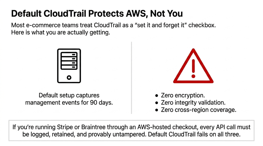 AWS CloudTrail default configuration diagram showing that the default setup only captures management events for 90 days with zero encryption, zero integrity validation, and zero cross-region coverage — failing all three PCI DSS v4.0 requirements for e-commerce stores running Stripe or Braintree through AWS-hosted checkout