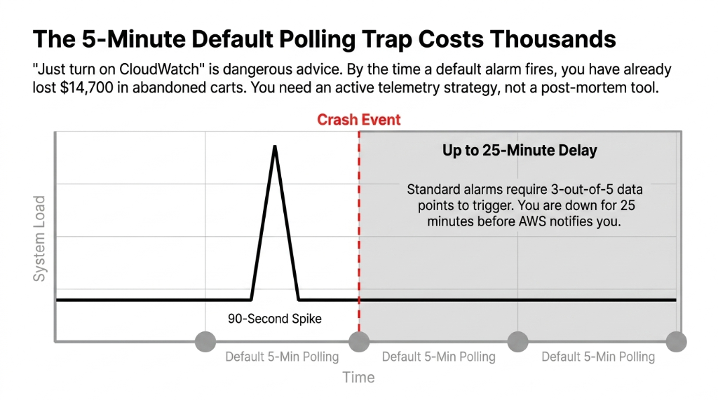 AWS CloudWatch 5-minute default polling trap diagram showing a 90-second traffic spike missed between polling intervals causing a crash event with up to 25-minute alarm delay because standard alarms require 3-out-of-5 data points to trigger costing e-commerce stores thousands in abandoned carts