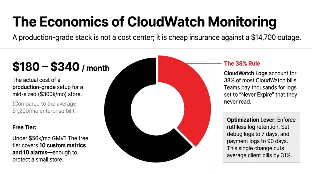 AWS CloudWatch monitoring economics infographic showing production-grade setup cost of 180 to 340 dollars per month for mid-sized e-commerce stores compared to average 1200 dollar enterprise bill with donut chart highlighting CloudWatch Logs consuming 38 percent of total bill and optimization lever recommending 7-day debug log retention and 90-day payment log retention to cut bills by 31 percent