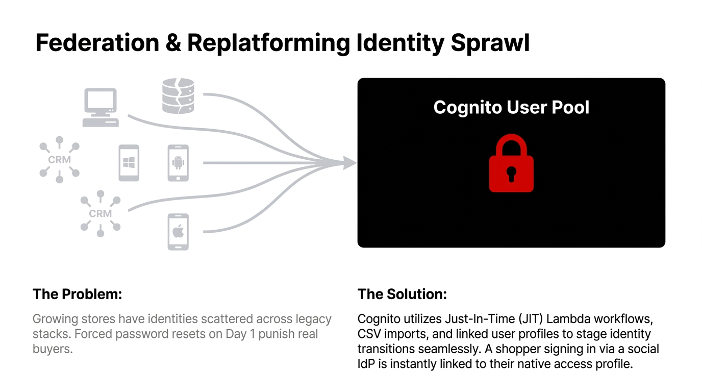 Cognito Lambda triggers architecture showing pre-signup validation, post-authentication token enrichment, custom challenge flows, and user migration triggers for e-commerce identity management