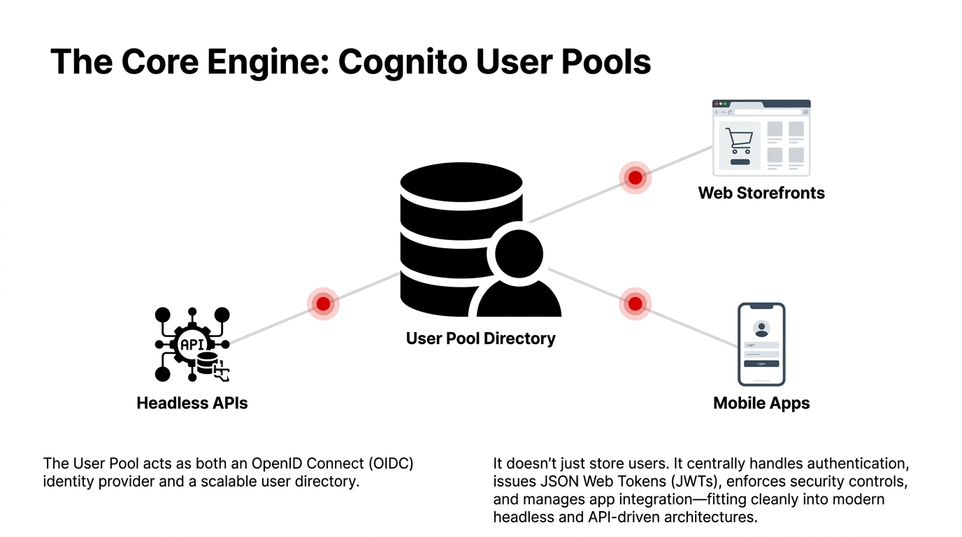 Cognito user pool configuration showing app clients, authentication methods, MFA settings, and token configuration for e-commerce identity management