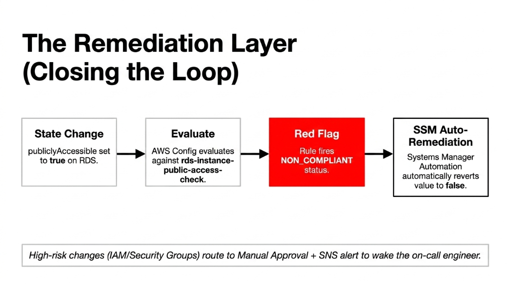 The Remediation Layer Closing the Loop showing four-step flow - State Change where publiclyAccessible is set to true on RDS, Evaluate where AWS Config checks against rds-instance-public-access-check, Red Flag where rule fires NON_COMPLIANT status, SSM Auto-Remediation where Systems Manager Automation automatically reverts value to false - high-risk changes like IAM and Security Groups route to Manual Approval plus SNS alert to wake the on-call engineer