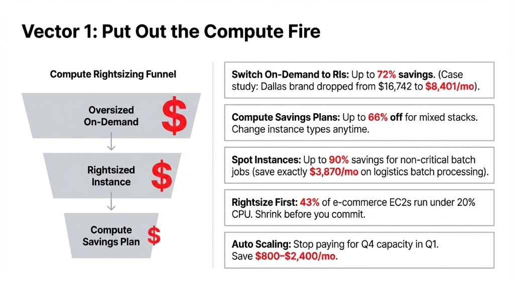 AWS compute rightsizing funnel showing oversized On-Demand EC2 instances flowing to rightsized instances then to Compute Savings Plans with switch to Reserved Instances saving up to 72 percent Compute Savings Plans 66 percent off Spot Instances 90 percent savings and Auto Scaling saving 800 to 2400 dollars per month