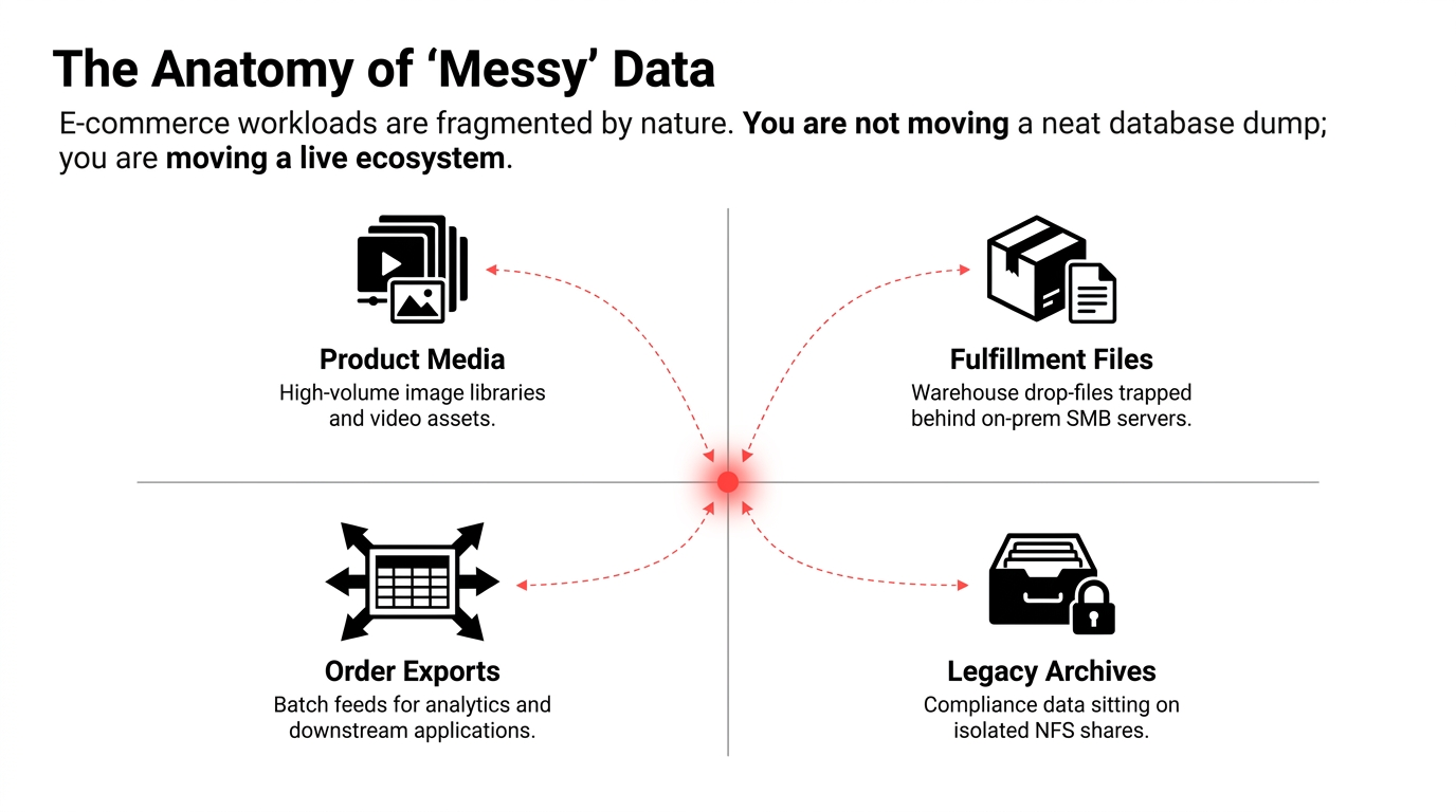 Mapping the Destinations showing product images to Amazon S3, shared application files to Amazon EFS, and legacy compliance data to Glacier via S3