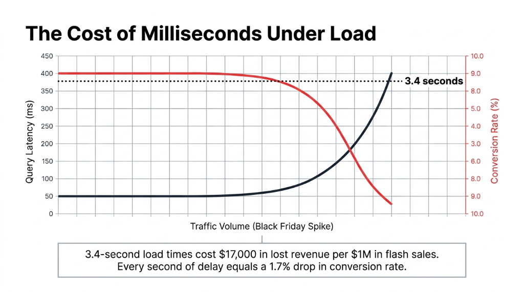 AWS DynamoDB e-commerce latency cost chart showing query latency in milliseconds climbing from 50ms to 400ms during Black Friday traffic spikes while conversion rate drops from 9 percent to below 1 percent with 3.4-second load times costing 17000 dollars in lost revenue per 1 million in flash sales