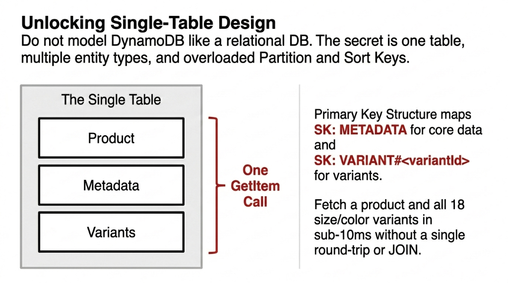 AWS DynamoDB single-table design diagram for e-commerce product catalogs showing one table containing product metadata and variant items with partition key structure using SK METADATA for core data and SK VARIANT for size and color variants enabling a single GetItem call to fetch a product and all 18 variants in sub-10ms without JOINs