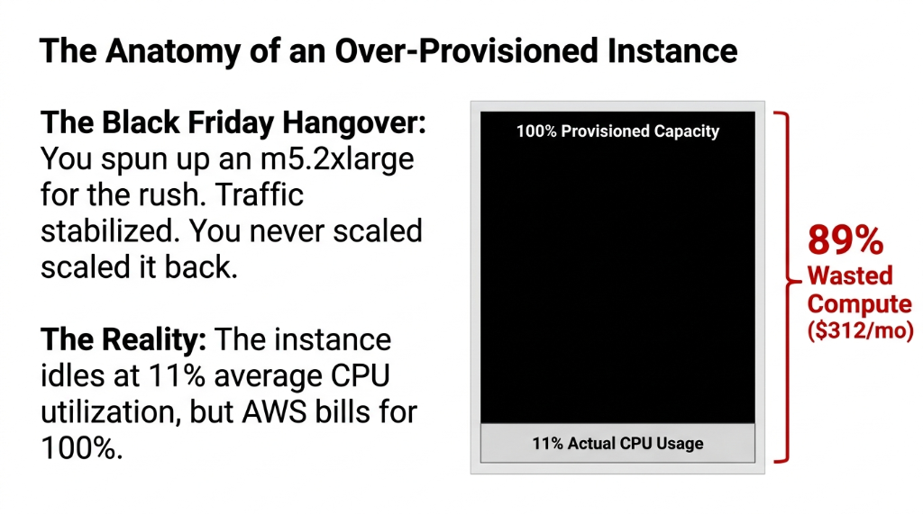 Anatomy of an over-provisioned AWS EC2 instance showing a m5.2xlarge spun up for Black Friday rush that was never scaled back with 100 percent provisioned capacity but only 11 percent actual CPU usage resulting in 89 percent wasted compute costing 312 dollars per month in unnecessary AWS spend