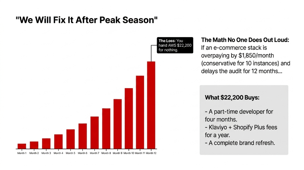 Bar chart showing 12 months of cumulative AWS EC2 overspending totaling 22200 dollars when an e-commerce stack overpaying by 1850 dollars per month for 10 instances delays the right-sizing audit with callout showing what 22200 dollars buys including a part-time developer for four months or Klaviyo plus Shopify Plus fees for a year or a complete brand refresh