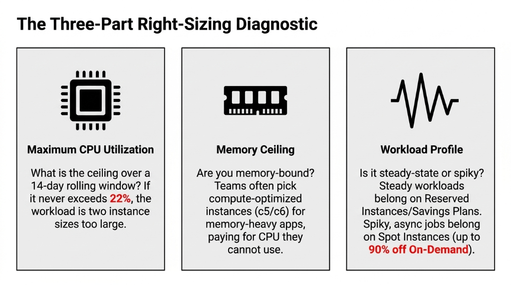 Three-part AWS EC2 right-sizing diagnostic framework showing maximum CPU utilization over a 14-day rolling window where exceeding 22 percent means two instance sizes too large plus memory ceiling analysis identifying teams picking compute-optimized c5 c6 instances for memory-heavy apps plus workload profile analysis determining steady-state workloads for Reserved Instances versus spiky async jobs for Spot Instances at up to 90 percent off on-demand pricing