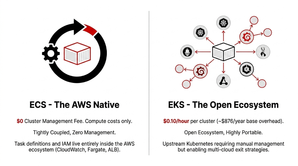 AWS ECS versus EKS comparison diagram showing ECS as the AWS Native option with zero dollar cluster management fee, tightly coupled zero management, task definitions and IAM living entirely inside the AWS ecosystem with CloudWatch Fargate and ALB, versus EKS as the Open Ecosystem option costing 0.10 dollars per hour per cluster approximately 876 dollars per year base overhead, highly portable with upstream Kubernetes requiring manual management but enabling multi-cloud exit strategies