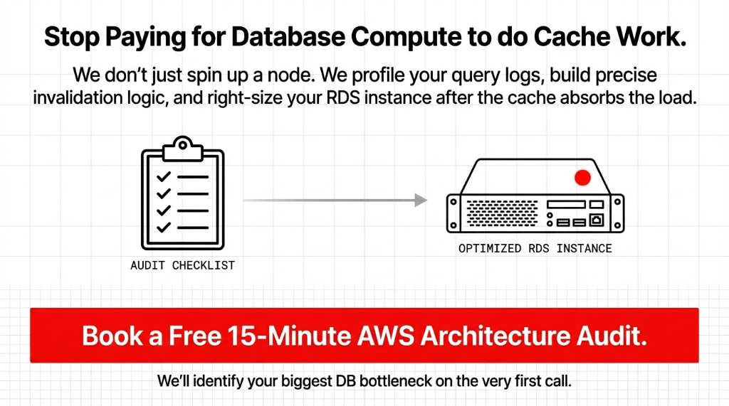 Braincuber AWS architecture audit infographic showing audit checklist leading to optimized RDS instance with message stop paying for database compute to do cache work we profile your query logs build precise invalidation logic and right-size your RDS instance after the cache absorbs the load with call to action for free 15-minute AWS architecture audit