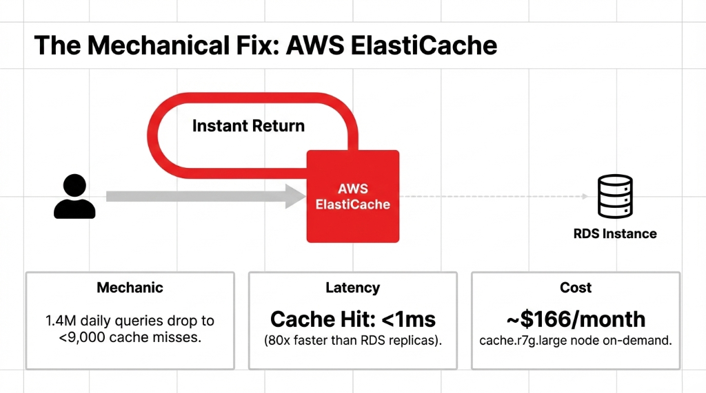 AWS ElastiCache mechanical fix architecture diagram showing user request hitting ElastiCache with instant return loop dropping 1.4 million daily queries to under 9000 cache misses with cache hit latency under 1 millisecond which is 80x faster than RDS replicas at approximately 166 dollars per month for a cache.r7g.large node on-demand