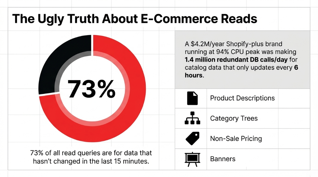 Donut chart showing 73 percent of all e-commerce read queries are for data that has not changed in the last 15 minutes including product descriptions category trees non-sale pricing and banners with a 4.2 million dollar per year Shopify-plus brand running at 94 percent CPU peak making 1.4 million redundant database calls per day for catalog data that only updates every 6 hours