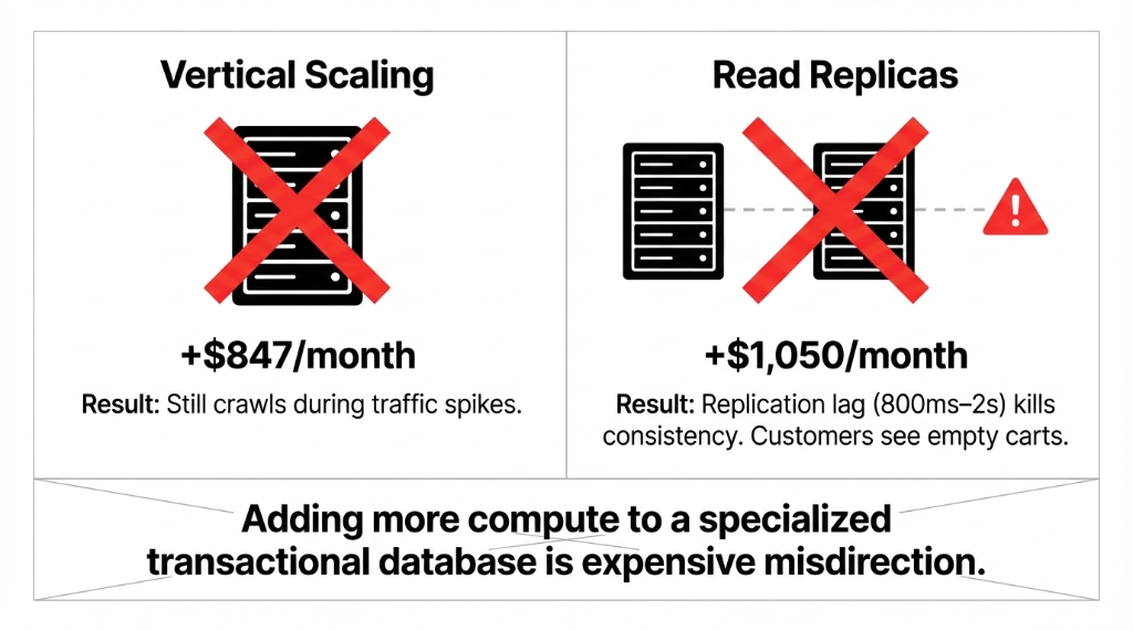 Comparison diagram showing vertical scaling at plus 847 dollars per month still crawling during traffic spikes versus read replicas at plus 1050 dollars per month with replication lag of 800ms to 2 seconds killing consistency and causing customers to see empty carts with the conclusion that adding more compute to a specialized transactional database is expensive misdirection