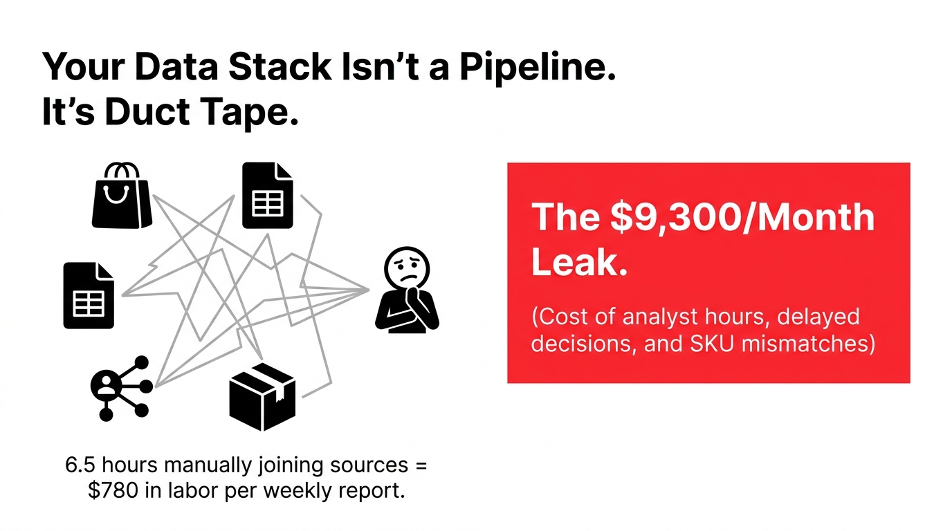 Your Data Stack Is Duct Tape - $9,300/Month Leak from fragmented Shopify, spreadsheets, and fulfillment sources