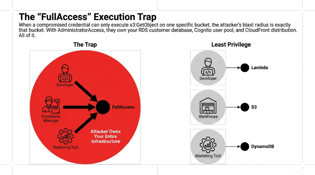 AWS IAM FullAccess execution trap diagram showing The Trap with developer warehouse manager and marketing tool all converging on single FullAccess credential giving attacker full infrastructure ownership versus Least Privilege with developer scoped to Lambda only warehouse scoped to S3 only and marketing tool scoped to DynamoDB only limiting blast radius per compromised credential