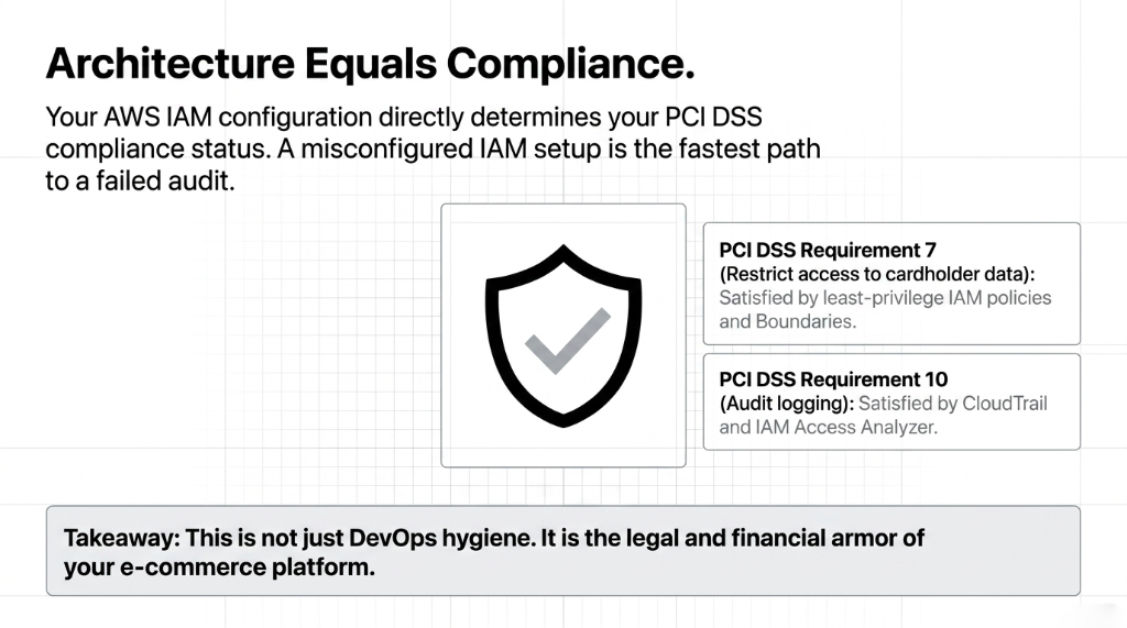 AWS IAM PCI DSS compliance architecture diagram showing shield with checkmark and PCI DSS Requirement 7 for restricting access to cardholder data satisfied by least-privilege IAM policies and Permission Boundaries alongside PCI DSS Requirement 10 for audit logging satisfied by CloudTrail and IAM Access Analyzer proving IAM is not just DevOps hygiene but legal and financial armor for e-commerce platforms
