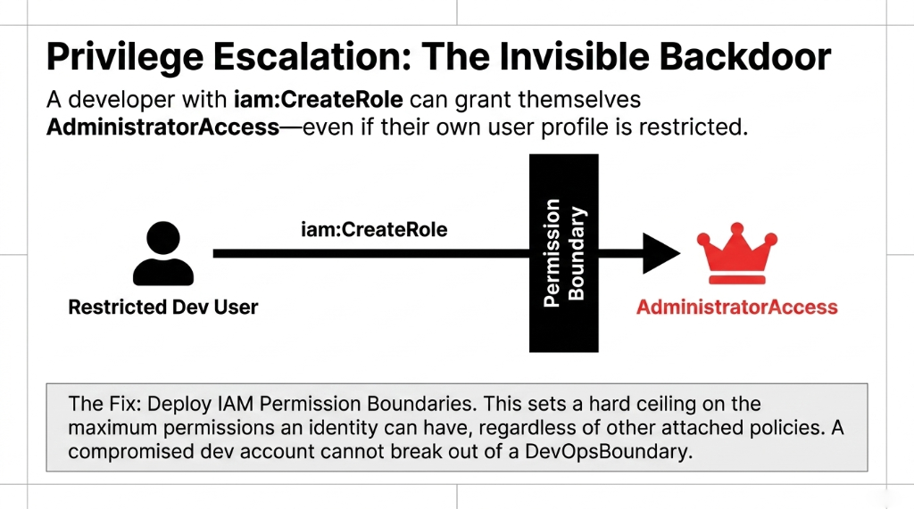 AWS IAM privilege escalation diagram showing restricted dev user with iam:CreateRole permission bypassing permission boundary to reach AdministratorAccess crown icon with fix description deploying IAM Permission Boundaries setting hard ceiling on maximum permissions an identity can have regardless of other attached policies preventing compromised dev account from breaking out of DevOpsBoundary