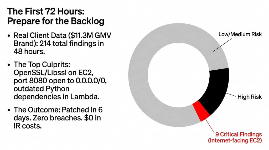 The First 72 Hours Prepare for the Backlog - real client data from $11.3M GMV brand showing 214 total findings in 48 hours with donut chart breaking down low medium risk findings high risk findings and 9 critical findings on internet-facing EC2 instances - top culprits OpenSSL Libssl on EC2 port 8080 open to 0.0.0.0/0 outdated Python dependencies in Lambda - outcome patched in 6 days zero breaches $0 in incident response costs