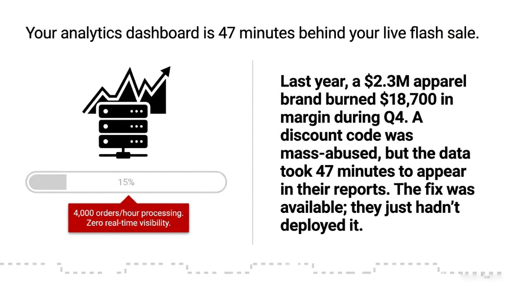 AWS Kinesis bypassing Shopify API write delay during high-traffic e-commerce events showing inventory volume diverging from actual inventory in the oversell zone with 20-minute batch intervals triggering 12 to 18 dollar goodwill refunds per incident and the Kinesis fix streaming inventory decrements directly to DynamoDB for real-time counter updates that stop overselling