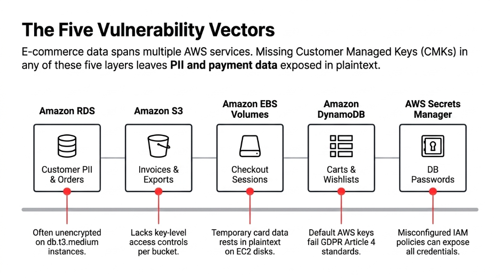 The Five Vulnerability Vectors where e-commerce data spans multiple AWS services - Amazon RDS with customer PII and orders often unencrypted on db.t3.medium instances, Amazon S3 with invoices and exports lacking key-level access controls per bucket, Amazon EBS Volumes with checkout sessions where temporary card data rests in plaintext on EC2 disks, Amazon DynamoDB with carts and wishlists where default AWS keys fail GDPR Article 4 standards, and AWS Secrets Manager with DB passwords where misconfigured IAM policies can expose all credentials