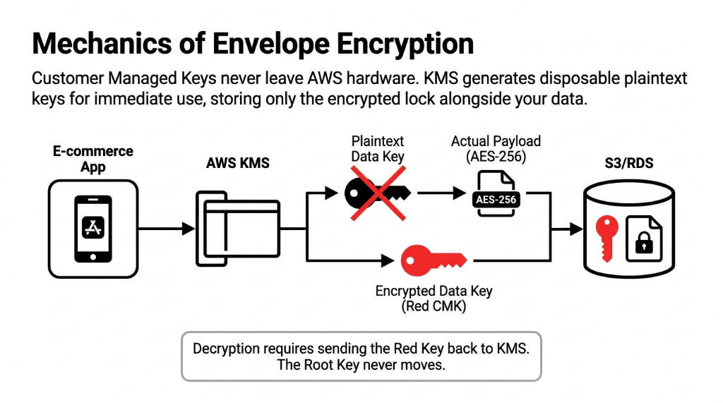 Mechanics of Envelope Encryption showing how Customer Managed Keys never leave AWS hardware - e-commerce app sends request to AWS KMS which generates a plaintext data key that is immediately discarded after encrypting the actual payload with AES-256 while storing only the encrypted data key locked by the CMK alongside data in S3 and RDS - decryption requires sending the red key back to KMS and the root key never moves